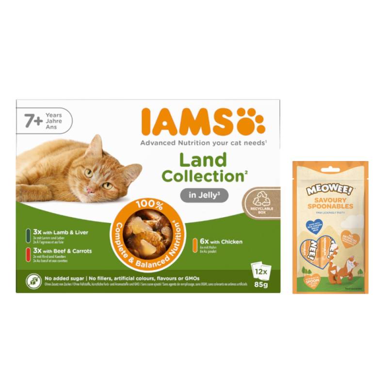 12 x 85 g IAMS Advanced Nutrition + 8 x 14 g Meowee! Savoury Spoonables gratis! - Senior 7+ Land Collection in Gelee von Iams