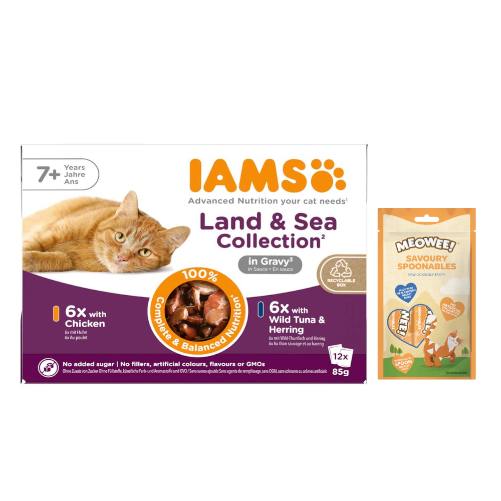 12 x 85 g IAMS Advanced Nutrition + 8 x 14 g Meowee! Savoury Spoonables gratis! - Senior 7+ Land & Sea Collection in Sauce von Iams