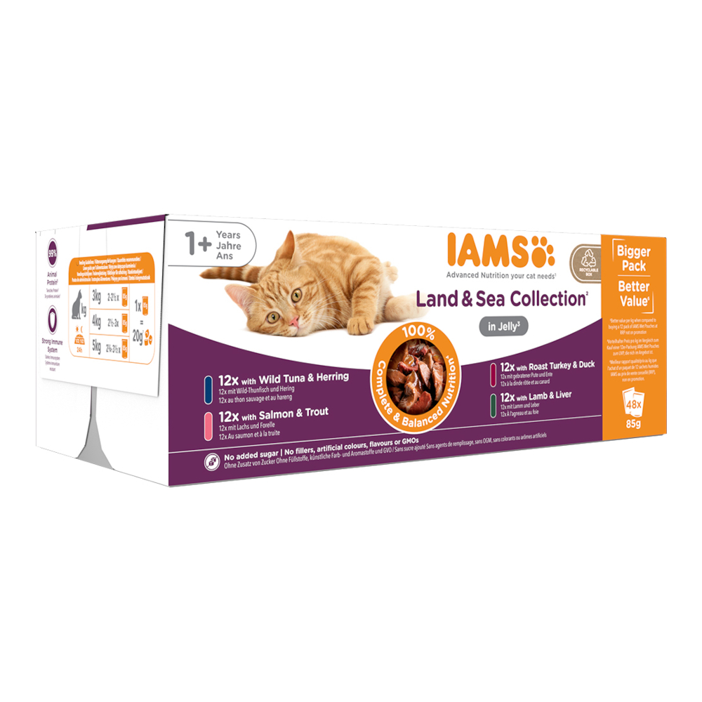 36 + 12 gratis! 48 x 85 g IAMS Advanced Nutrition Land & Sea Collection  - Adult in Gelee von Iams