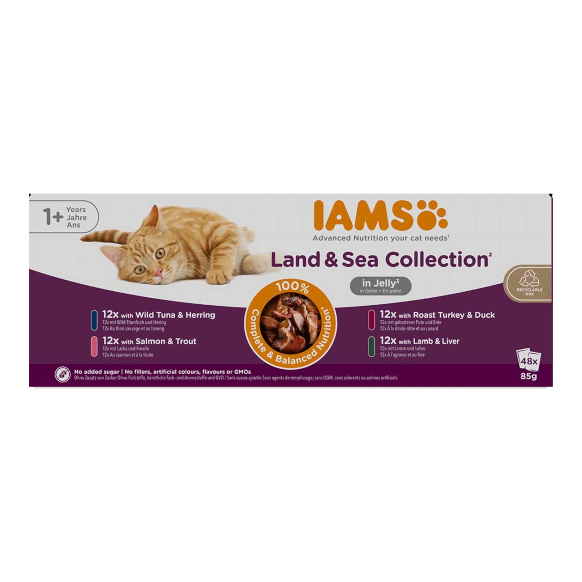 36 + 12 gratis! 48 x 85 g IAMS Advanced Nutrition Land & Sea Collection  - Adult in Gelee von Iams