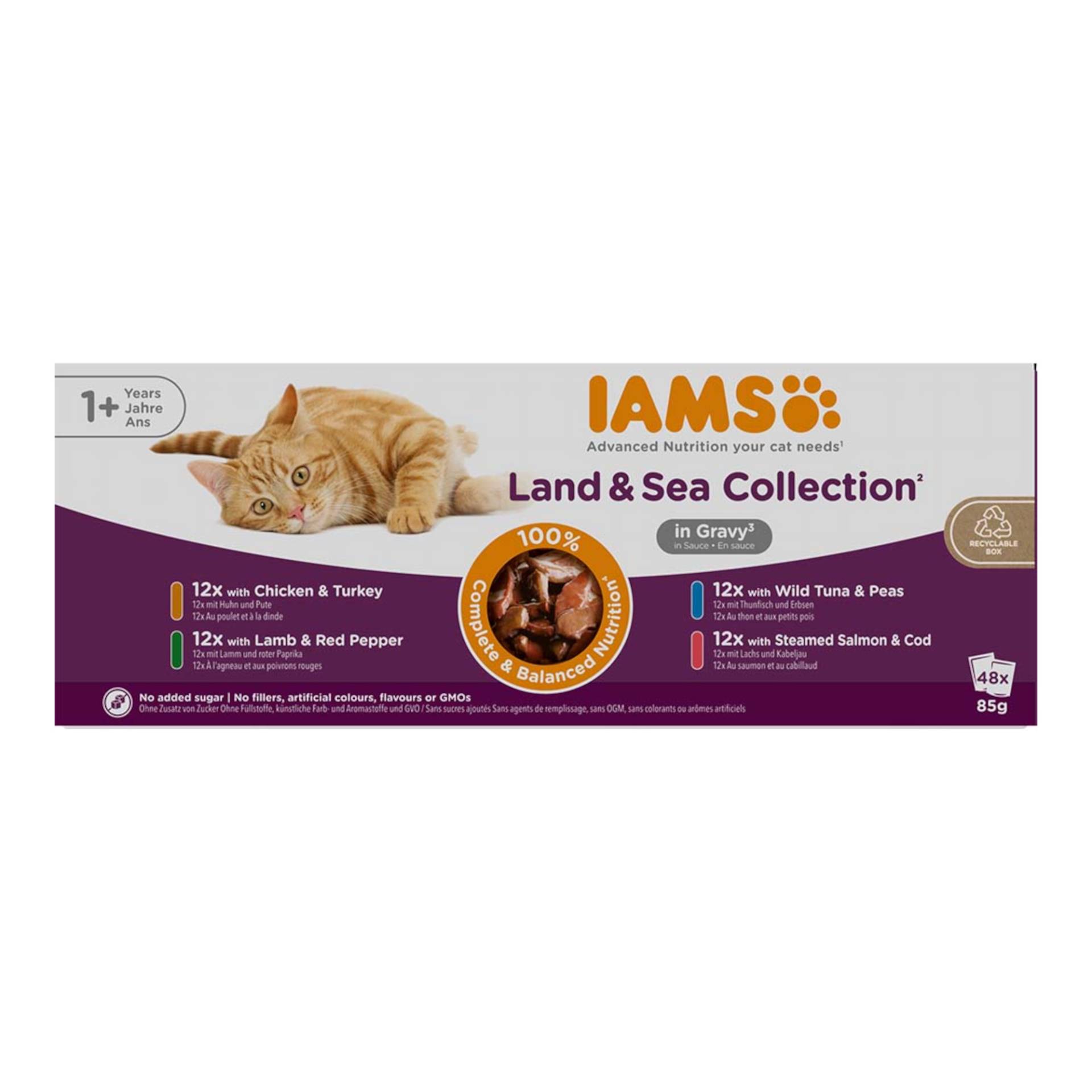 36 + 12 gratis! 48 x 85 g IAMS Advanced Nutrition Land & Sea Collection  - Adult in Sauce von Iams