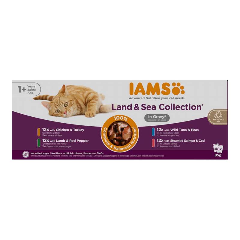 36 + 12 gratis! 48 x 85 g IAMS Advanced Nutrition Land & Sea Collection  - Adult in Sauce von Iams