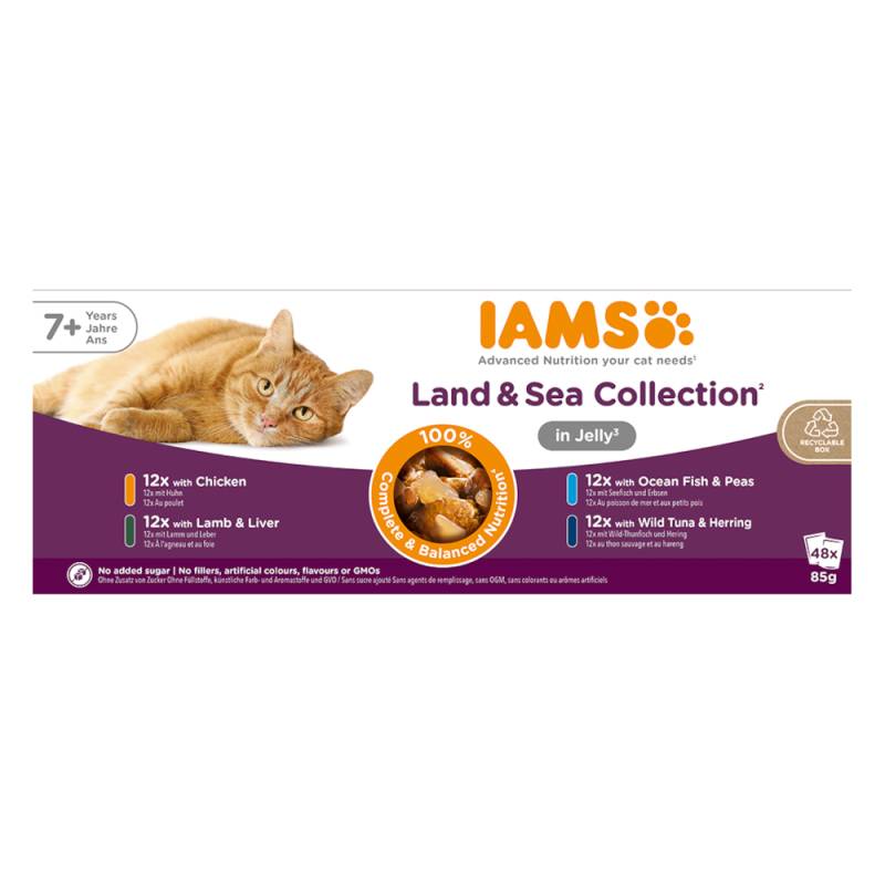 36 + 12 gratis! 48 x 85 g IAMS Advanced Nutrition Land & Sea Collection  - Senior 7+ in Gelee von Iams