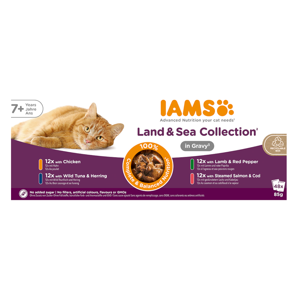36 + 12 gratis! 48 x 85 g IAMS Advanced Nutrition Land & Sea Collection  - Senior 7+ in Sauce von Iams