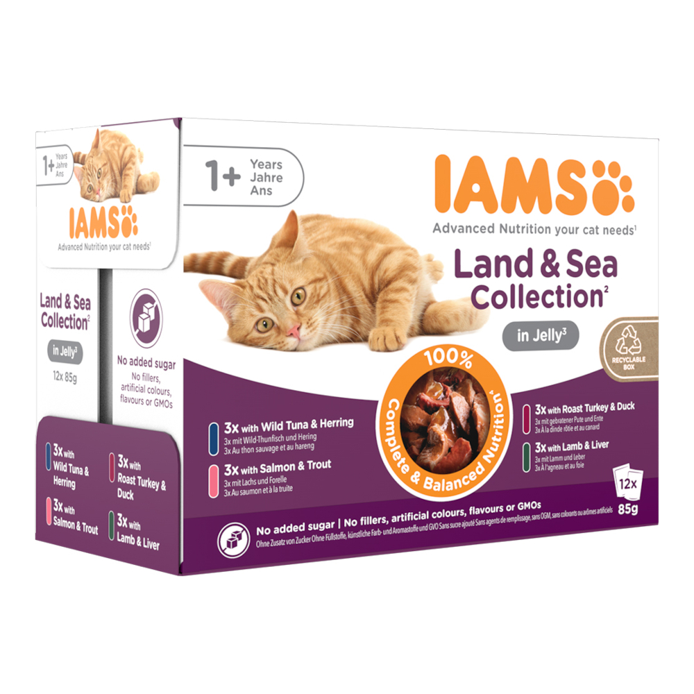 40 + 8 gratis! 48 x 85 g IAMS - Advanced Nutrition Adult Land & Sea Mix in Gelee von Iams
