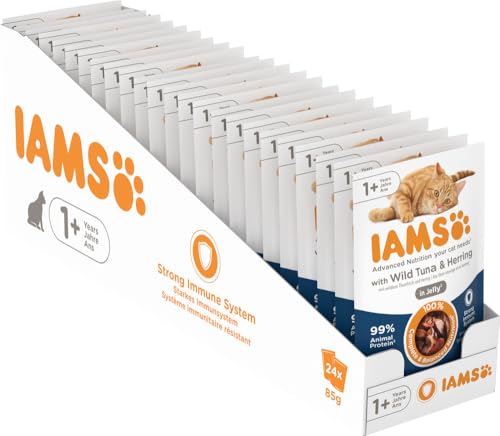 IAMS Delights Katzenfutter Nass mit Thunfisch & Hering in Gelee - vollwertiges Nassfutter für erwachsene Katzen, 24 x 85g Beutel von Iams