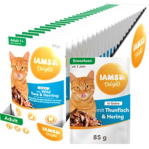 IAMS Delights Katzenfutter Nass mit Thunfisch & Hering in Gelee - vollwertiges Nassfutter für erwachsene Katzen, 24 x 85g Beutel von Iams