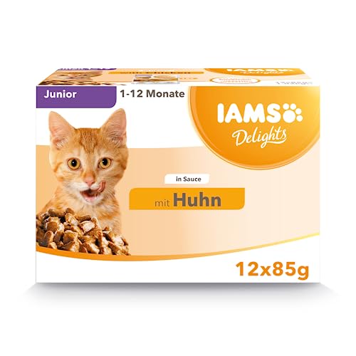 IAMS Delights Kitten Nassfutter - Multipack Katzenfutter mit Huhn in Sauce, hochwertiges Futter für Junior Kätzchen von 1-12 Monate, 12 x 85g von Iams