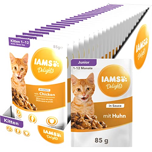 IAMS Delights Kitten Nassfutter - Multipack Katzenfutter mit Huhn in Sauce, hochwertiges Futter für Junior Kätzchen von 1-12 Monate, 24 x 85g von Iams