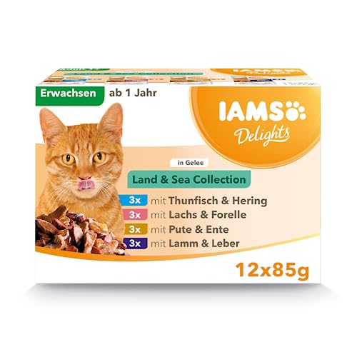 IAMS Delights Land & Sea Collection Katzenfutter Nass - Multipack mit Fleisch und Fisch Sorten in Gelee, Nassfutter für Katzen ab 1 Jahr, 12 x 85 g von Iams