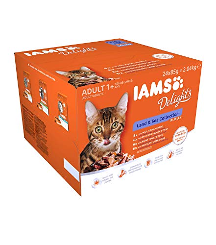 IAMS Delights Land & Sea Collection Katzenfutter Nass - Multipack mit Fleisch und Fisch Sorten in Gelee, Nassfutter für Katzen ab 1 Jahr, 24 x 85 g von Iams