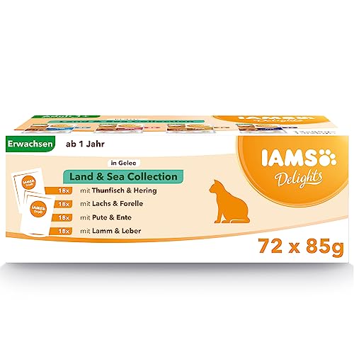 IAMS Delights Land & Sea Collection Katzenfutter Nass - Multipack mit Fleisch und Fisch Sorten in Gelee, Nassfutter für Katzen ab 1 Jahr, 72 x 85 g von Iams