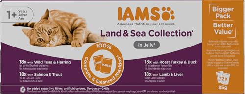 IAMS Delights Land & Sea Collection Katzenfutter Nass - Multipack mit Fleisch und Fisch Sorten in Gelee, Nassfutter für Katzen ab 1 Jahr, 72 x 85 g von Iams