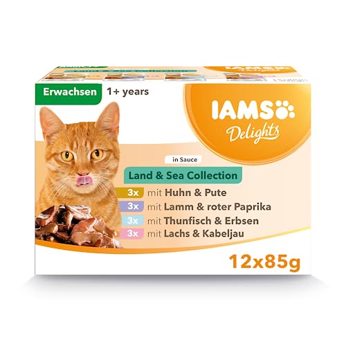 IAMS Delights Land & Sea Collection Katzenfutter Nass - Multipack mit Fleisch und Fisch Sorten in Sauce, Nassfutter für Katzen ab 1 Jahr, 12 x 85 g von Iams
