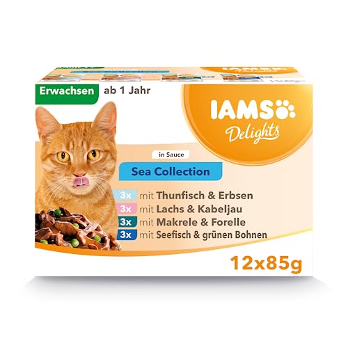 IAMS Delights Sea Collection Katzenfutter Nass - Multipack mit Fisch Sorten (Lachs, Thunfisch, Makrele, Seefisch) in Sauce, Nassfutter für Katzen ab 1 Jahr, 12 x 85g von Iams