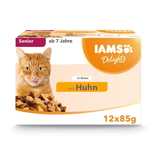 IAMS Delights Senior Katzenfutter Nass - Multipack mit Huhn in Gelee, hochwertiges Nassfutter für ältere Katzen ab 7 Jahre, 12 x 85 g von Iams