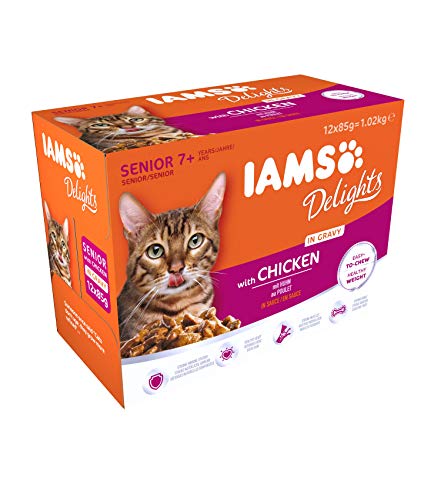 IAMS Delights Senior Katzenfutter Nass - Multipack mit Huhn in Sauce, hochwertiges Nassfutter für ältere Katzen ab 7 Jahre, 12 x 85 g von Iams