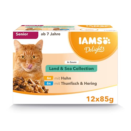 IAMS Delights Senior Katzenfutter Nass - Multipack mit Huhn und Fisch in Sauce, hochwertiges Nassfutter für ältere Katzen ab 7 Jahre, 12 x 85 g von Iams
