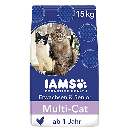 IAMS Multi-Cat Trockenfutter (für Haushalte mit mehreren erwachsenen oder älteren Katzen, mit Huhn als Hauptzutat, enthält viel hochwertiges tierisches Protein), 15 kg von Iams