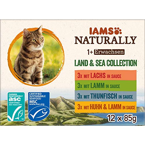 IAMS Naturally Katzenfutter Nass in Sauce - hochwertiges Nassfutter mit Fleisch und Fisch für erwachsene Katzen, Land & Sea Collection, 12 x 85 g von Iams