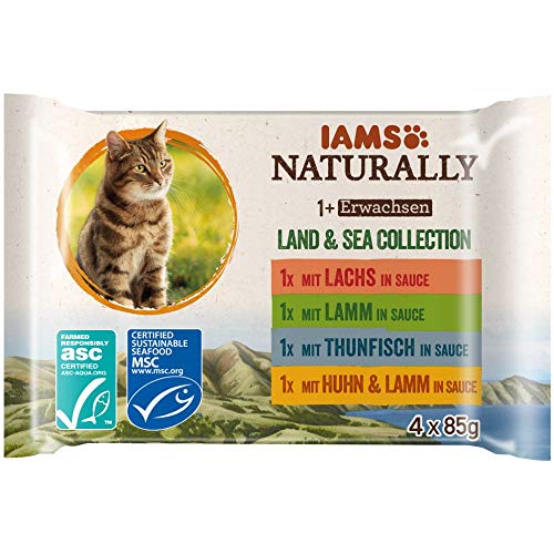 IAMS Naturally Katzenfutter Nass in Sauce - hochwertiges Nassfutter mit Fleisch und Fisch für erwachsene Katzen, Land & Sea Collection, 4 x 85 g von Iams