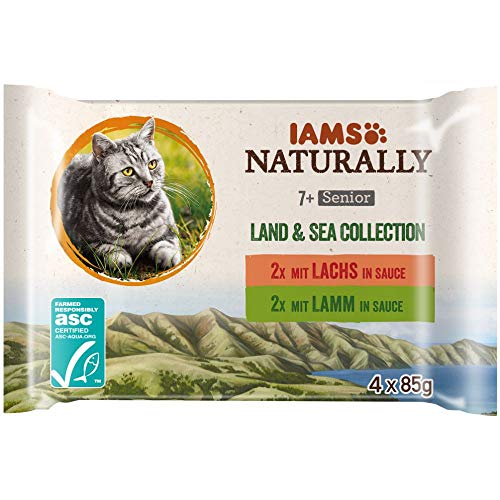 IAMS Naturally Senior Katzenfutter Nass in Sauce - hochwertiges Nassfutter mit Fleisch und Fisch für ältere Katzen, Land & Sea Collection, 4 x 85 g von Iams