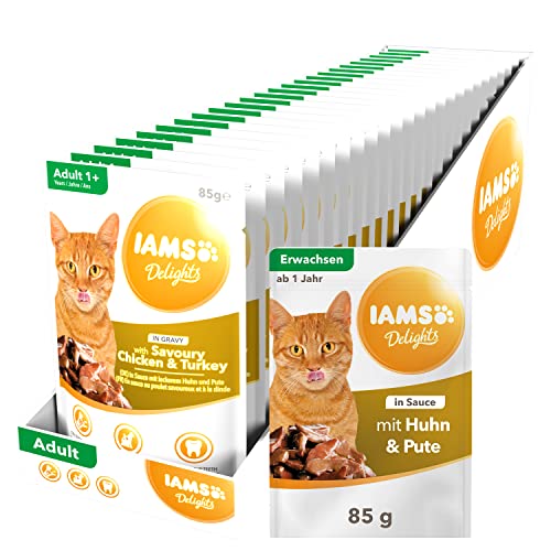 IAMS Delights Katzenfutter Nass mit Huhn & Pute in Sauce - vollwertiges Nassfutter für erwachsene Katzen, 24 x 85g Beutel von Iams