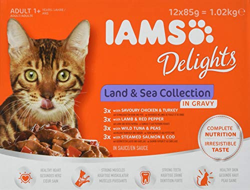 Iams Delights Land and Sea Collection Nassfutter (für erwachsene Katzen mit verschiedenen Fleisch- und Fisch-Sorten in Sauce, Multibox) 12 Frischebeutel, 1.02 kg von Iams