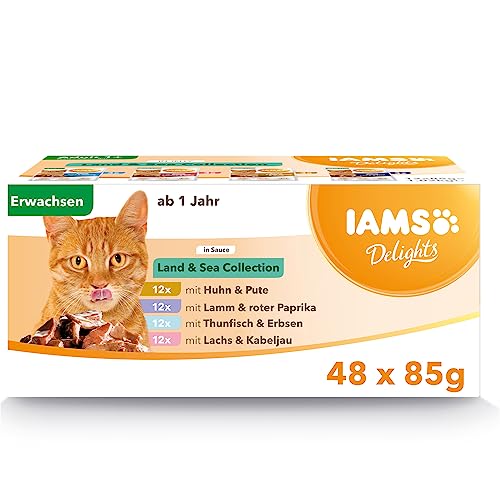 IAMS Delights Land & Sea Collection, Nassfutter für Katzen in Soße, 48 x 85 g von Iams