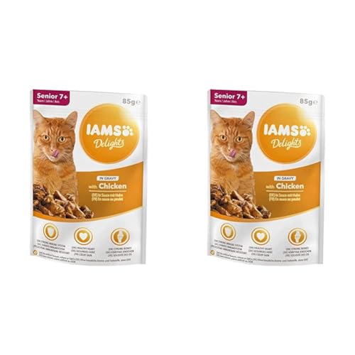 Iams Delights Senior Huhn in Sauce, Nassfutter für ältere Katzen ab 7 Jahre, Probiergröße, Einzelbeutel (85 g) (Packung mit 2) von Iams