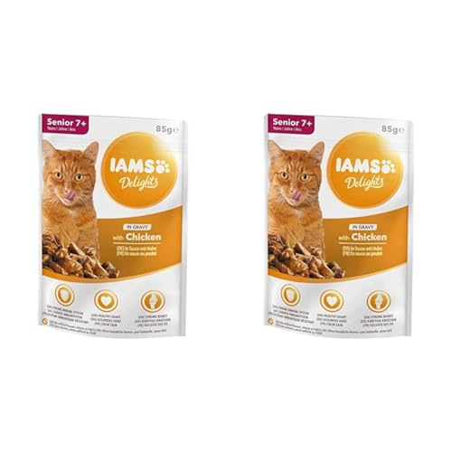 Iams Delights Senior Huhn in Sauce, Nassfutter für ältere Katzen ab 7 Jahre, Probiergröße, Einzelbeutel (85 g) (Packung mit 2) von Iams