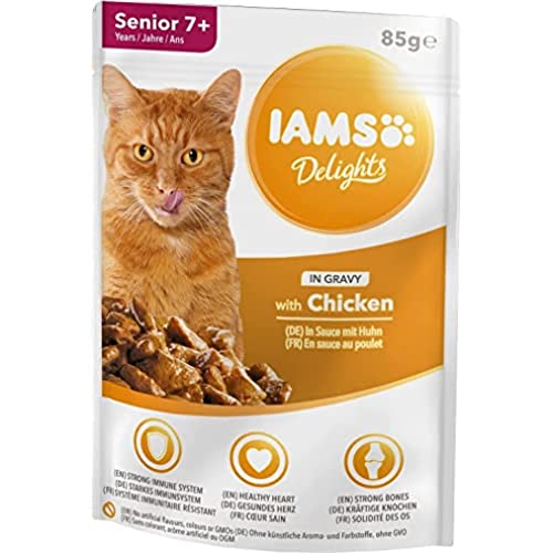 Iams Delights Senior Huhn in Sauce, Nassfutter für ältere Katzen ab 7 Jahre, Probiergröße, Einzelbeutel (85 g) von Iams