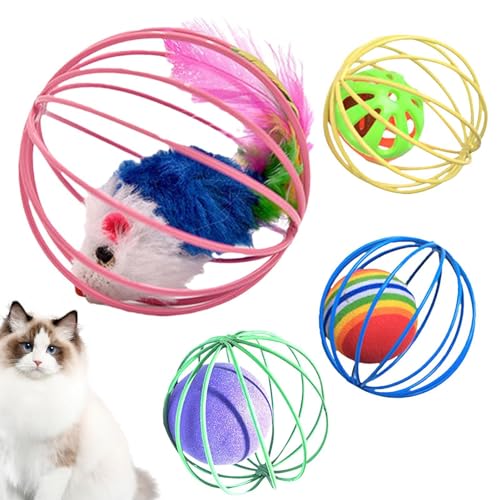 Ibuloule Katzenballspielzeug, Katzenspielzeug für Hauskatzen | 4 Stück interaktives Käfig-Mausball-Katzenspielzeug | Kreatives Haustierkatzenzubehör, Haustierkätzchenspielzeug, Haustierkatzenspielzeug von Ibuloule