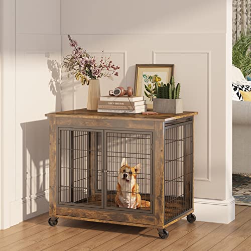 IchbinGo Hundekäfig Möbel, Hundekäfig Tisch aus Holz, 80.0 cm Hundehütte mit 3 Türen, aufklappbarer Öffnung oben und Rädern, dekorative Haustierbox Hundehütte für mittelgroße/kleine Hunde im IchbinGo Hundekäfig Möbel, Hundekäfig Tisch aus Holz, 80.0 cm Hundehütte mit 3 Türen, aufklappbarer Öffnung oben und Rädern, dekorative Haustierbox Hundehütte für mittelgroße/kleine Hunde im von IchbinGo