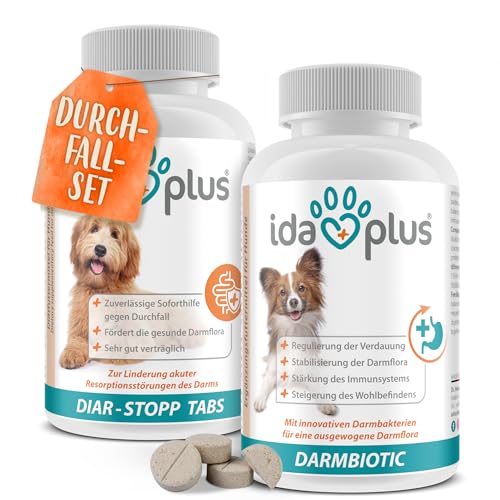 Ida Plus Durchfall Set – Diar Stopp Tabs + Darmbiotic - Kautabeletten gegen Durchfall für Hunde und Probiotika zur Darmsanierung - Stoppt Hund Durchfall und Darmfloraaufbau beim Hund - 2X 180 g von Ida Plus