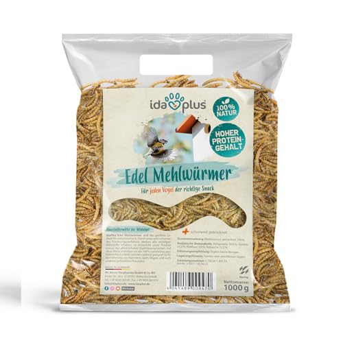 Ida Plus Edel Mehlwürmer getrocknet - 1000g - Insekten Snack für Vögel - Wildvögel - Vogelfutter - Ganzjahresfutter für Wildvögel - reines Naturprodukt ohne Zusatzstoffe - Das perfekte Leckerli von Ida Plus