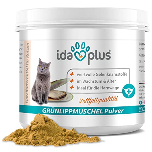 Ida Plus - 100% Grünlippmuschelpulver für Katzen - 100 g - Grünlippmuschel zur Unterstützung der Gelenkfunktion - Vollfettqualität - ohne Zusätze - mit Glykosaminoglykanen, Omega 3, Calcium, Magnesium von Ida Plus