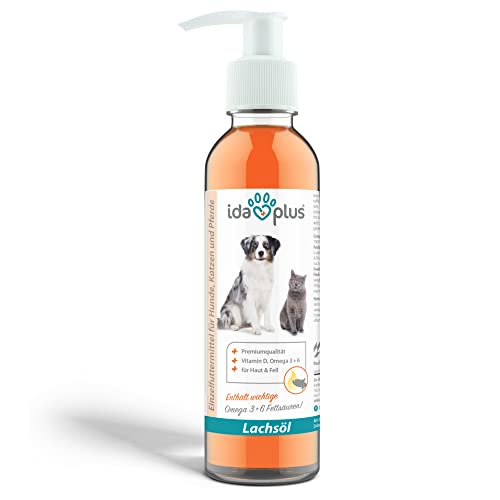 Ida Plus - Premium Lachsöl in Lebensmittelqualität für Tiere - 200 ml Pumpflasche - Hunde und Katzen - Omega -3 & 6 Fischöl - Made in Germany - Vitamin D, A und E - Barf von Ida Plus