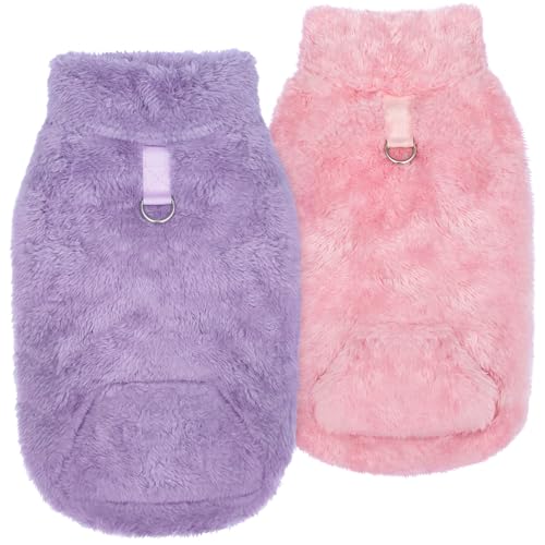 Idepet Fleece-Hundepullover für kleine Hunde, ärmellos, mit Ring und Tasche, warmes Welpen-Sweatshirt, Haustier-Pullover für kaltes Wetter, 2 Stück, Rosa + Lila, Größe L von Idepet