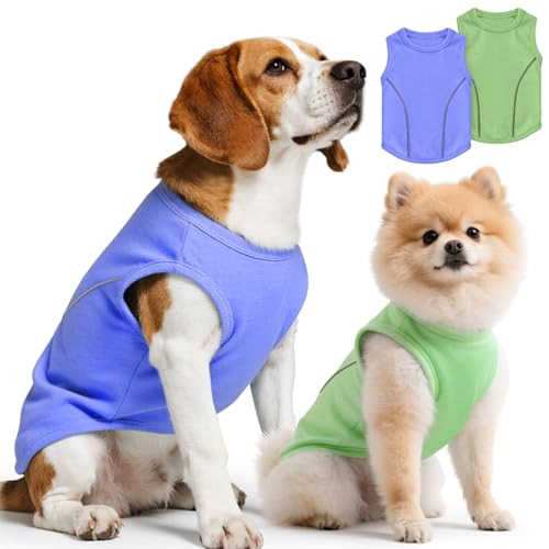 Idepet Hunde-Shirts, weich, atmungsaktiv, ärmellos, für kleine, mittelgroße Hunde und Katzen, wasserdicht, ölbeständig, Welpenweste, niedlich, leicht, Sommerkleidung, Blau und Grün, Größe M, 2 Stück von Idepet