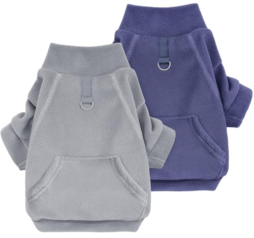 Idepet Hundepullover aus Fleece, 2er-Pack, Winterkleidung, Rollkragen-Sweatshirt, Haustierkleidung, dehnbar, kleiner Mantel mit Leinen-Ring, Katzenbekleidung mit Tasche (Grau + Marineblau, Größe L) von Idepet