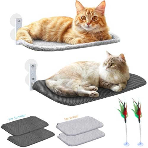 Idepet Katzen-Fensterstange, schnurlos, faltbar, Katzenhängematte mit interaktivem Spielzeug, Saugnäpfen, wendbarer Bezug, hält Haustiere kühl warm für Sommer, Winter, Indoor-Kätzchen-Ruhesitz (grau von Idepet