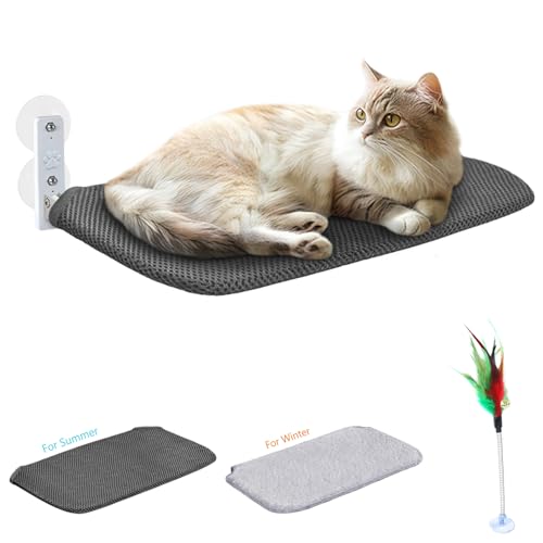 Idepet Katzen-Fensterstange, schnurlos, faltbar, mit interaktivem Spielzeug, Saugnäpfen, wendbarer Bezug, hält Haustiere kühl warm für Sommer, Winter, Indoor-Kätzchen-Ruhesitz (grau und schwarz, 1 von Idepet