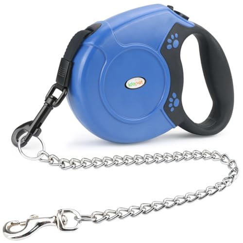 Idepet Retractable Heavy Duty Dog Lead for Small and Medium Dogs, Chain-Serrated Steel Chain Design, 360° Tangle-Free, Break & Lock System, 16 Foot Lead von Idepet