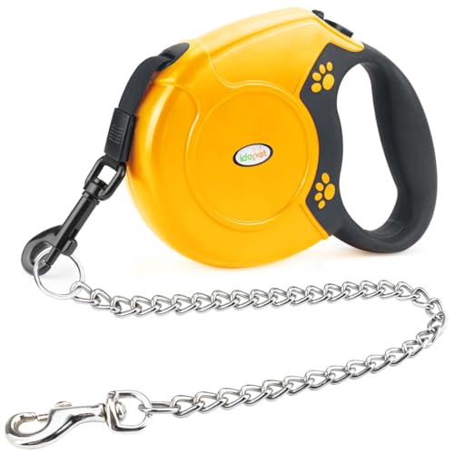 Idepet Retractable Heavy Duty Dog Lead for Small and Medium Dogs, Chain-Serrated Steel Chain Design, 360° Tangle-Free, Break & Lock System, 16 Foot Lead von Idepet
