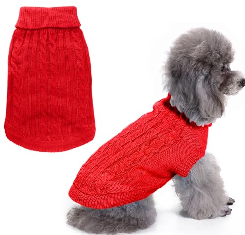 Idepet Rollkragenpullover für Hunde, klassischer Strickpullover, warme Winterkleidung, gestrickte Welpenkleidung für kleine Hunde und Katzen (Rot, Größe M) von Idepet