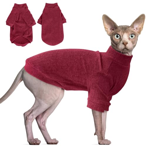 Idepet Sphynx Hundepullover für haarlose Katzen, weich, für Welpen, niedlicher Katzen-Pyjama, Overall, Baumwolle, Winter-Rollkragen für Katzen und Teetasse, Chihuahua, kleine Hunde (Rot, L) von Idepet