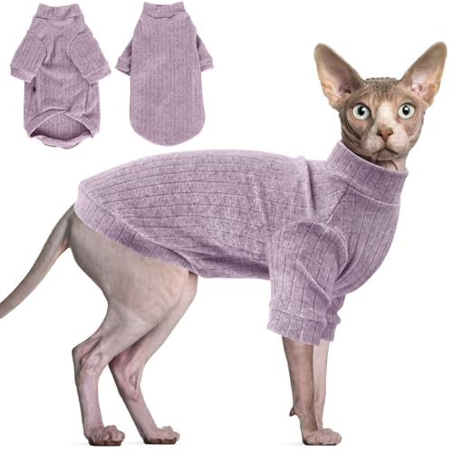 Idepet Sphynx Hundepullover für haarlose Katzen, weich, für Welpen, niedlicher Katzen-Pyjama, Overall, Baumwolle, Winter-Rollkragen für Katzen und Teetasse, Chihuahua, kleine Hunde (lila, M) von Idepet