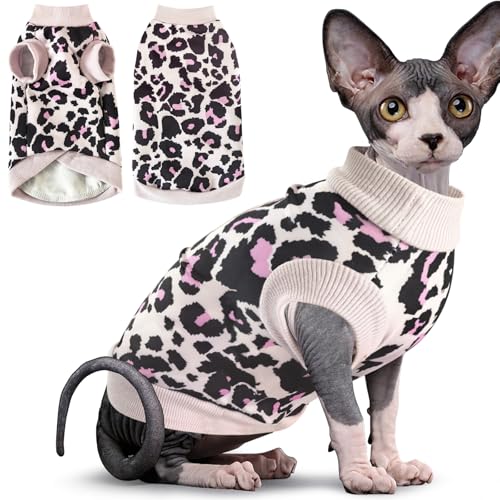 Idepet Sphynx Katzenkleidung, haarloser Katzenpullover, weiches Kätzchen-Shirt, niedlicher Leopardenmuster, Pullover, Pyjama, Overall, Baumwollkleidung für Katzen, Welpen, Rosa, Größe XXL von Idepet