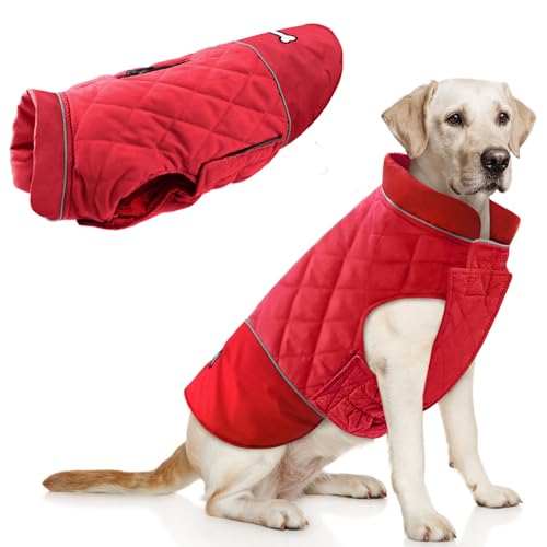 Idepet Winddichter Hundemantel Winter Warme Jacke,Anti-Schneeanzug Hundebekleidung für kleine mittelgroße Hunde mit Geschirrloch Blau Rosa Grau (Rot, 3XL) von Idepet